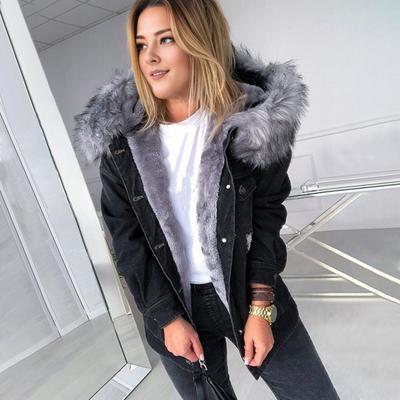 Winter Women Jacket with Furry Hood Thickened Plush Long Sleeves Pockets Button Closure Flap Pockets Coat Short Type Windproof Warm Denim Coat