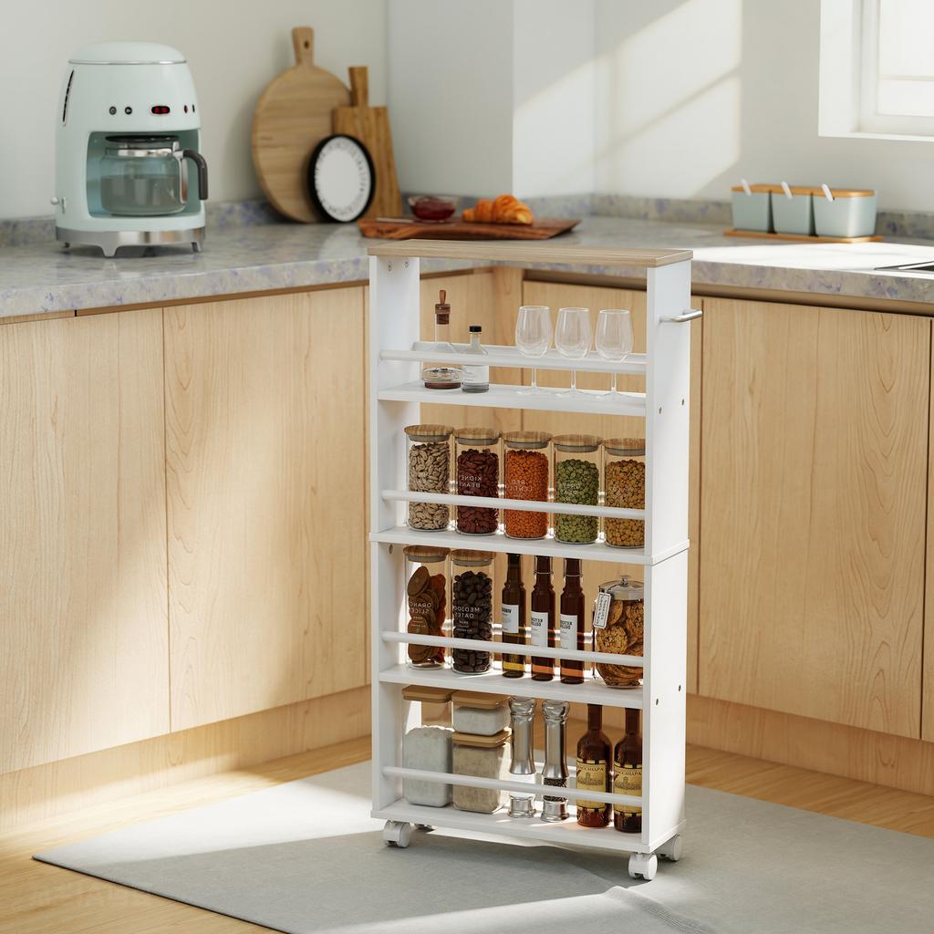 Multifunctional Natural Wood Shelf with Wheels, Slim Design, 4 Compartments, 45x15x91 Cm, White