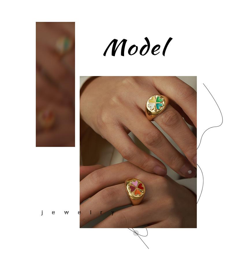 Korean Style Geometric Heart Clover Enamel Ring for Women - Trendy Temperament Design