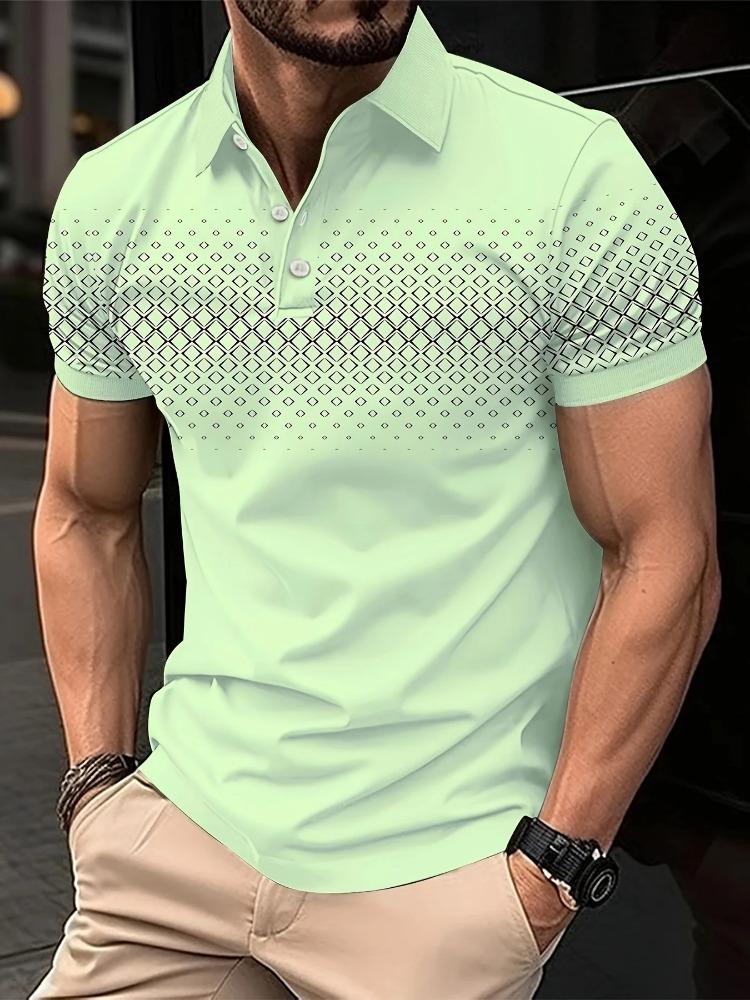 Summer Men's Slimming Diamond Pattern Printed Short-Sleeved Polo Shirt Simple Shirt Breathable and Comfortable Men's Clothing