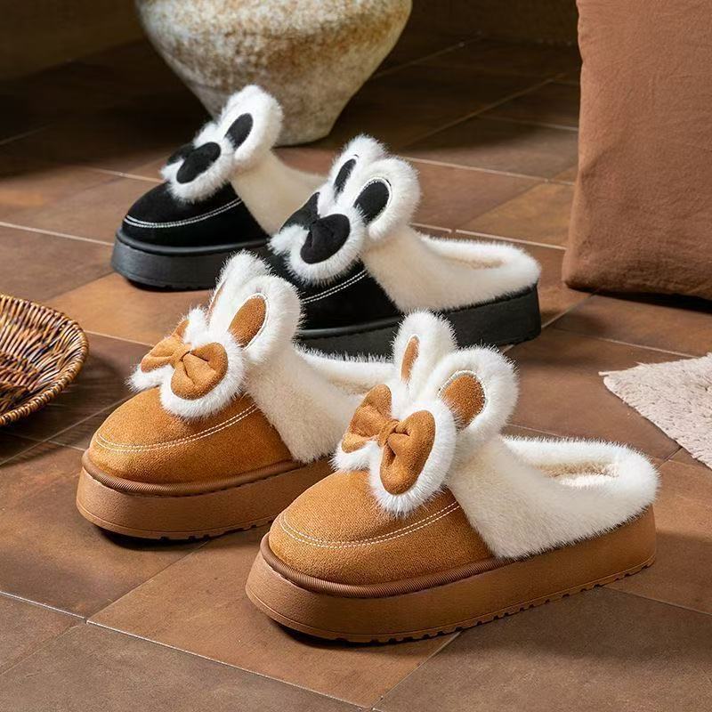Bow Cotton Slippers Ladies Winter 2025 New Home Fleece Warm Muffin Thick Bottom Cotton Mop