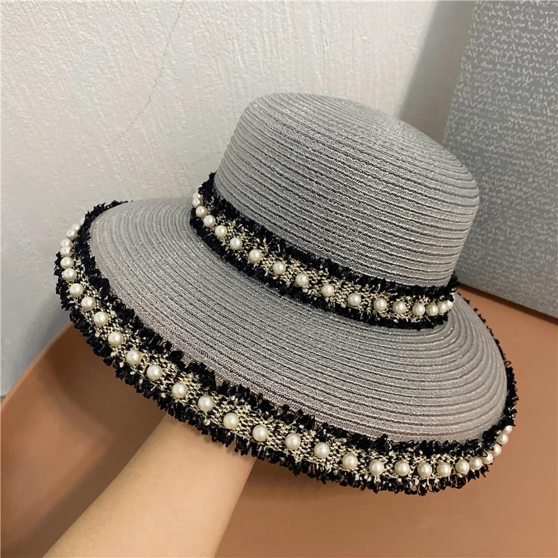 Bonnet Black Lace Lampshade Straw Hat Fashion Tassel Pearl Big Rim Fisherman Hatstandard Mesh Big Eave Straw Hat Tide