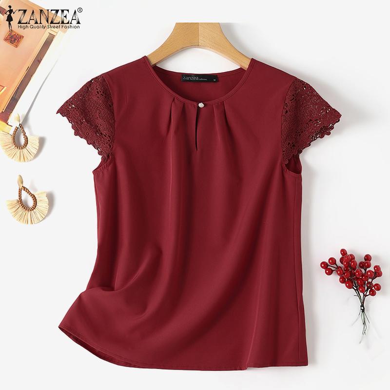 

ZANZEA Женская повседневная кружевная летняя блузка с коротким рукавом и круглым вырезом