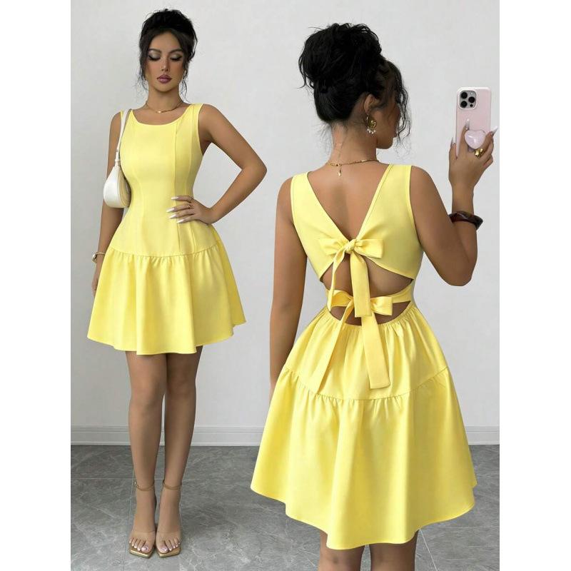 Bow strap waist dress women s 2026 summer new elegant vacation sexy skirt S светло-желтого