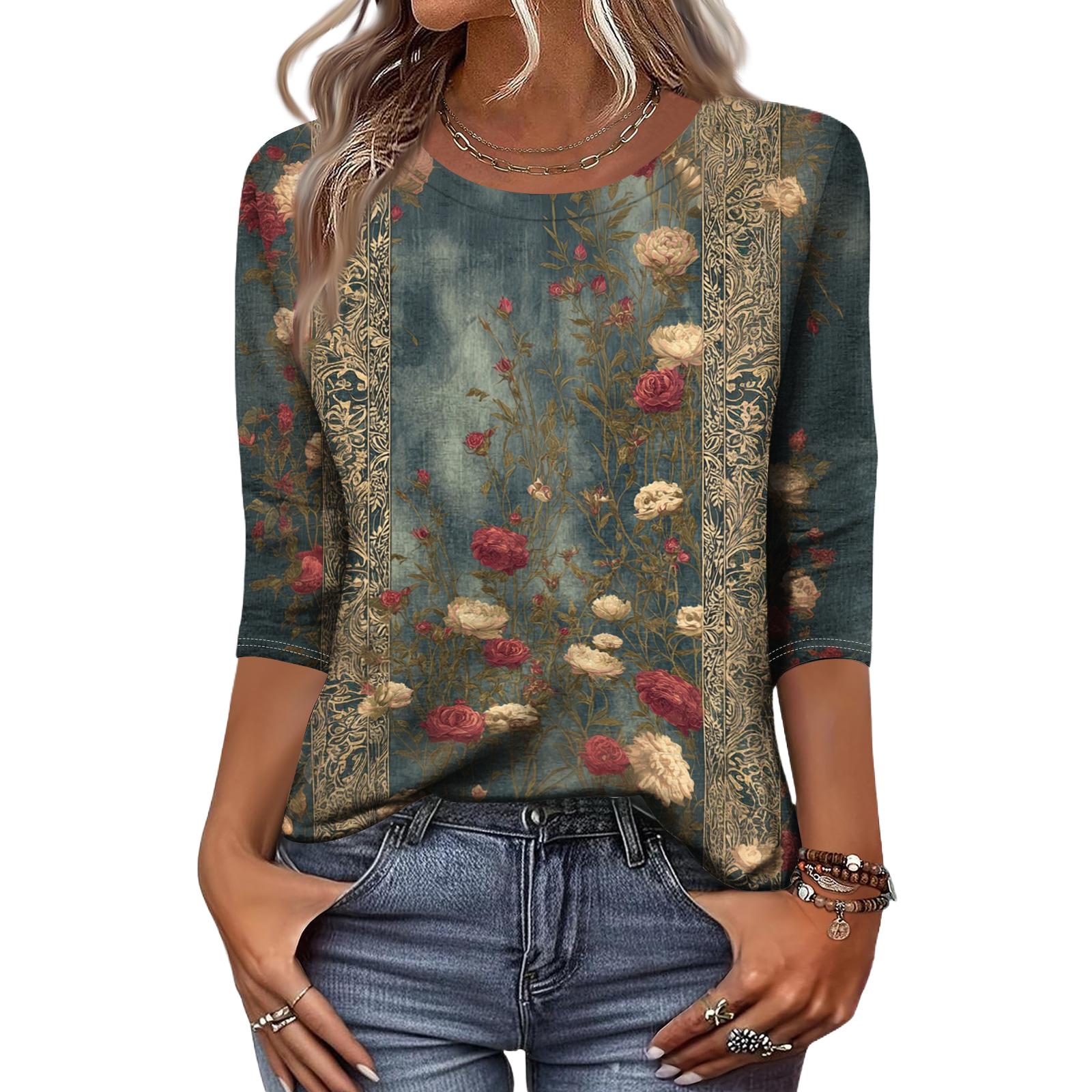 

Long Sleeve Shirts for Women Floral Print Womens Long Sleeve Tops Casual Long Sleeve T Shirt Women Loose Fit Long Sleeve Tops for Women M тёмно-синий