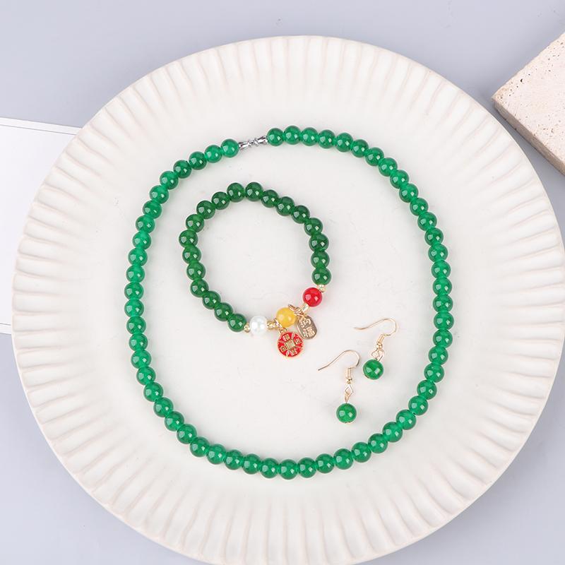 3Pcs Vintage Simple Imitation Jade Necklace Bracelet Earrings Jewelry Set For Women Temperamen Banquet Accessory