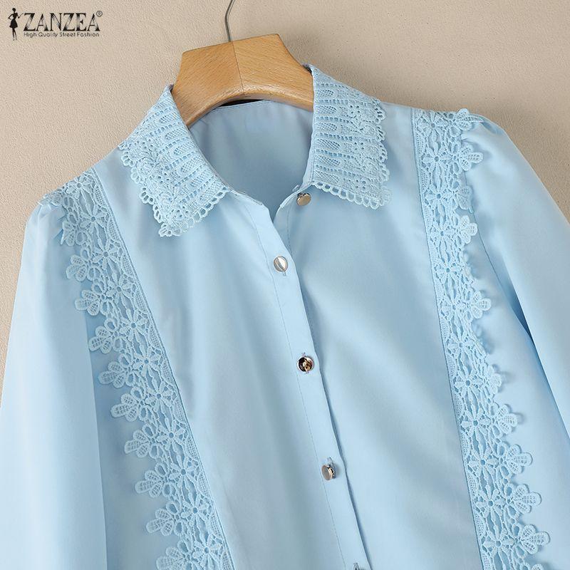 ZANZEA Women Casual Turn Down Collar Long Sleeve Lace Splice Blouse