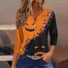 Women's Fashion Button-Up V-Neck Three-Quarter Sleeve Halloween Print Top