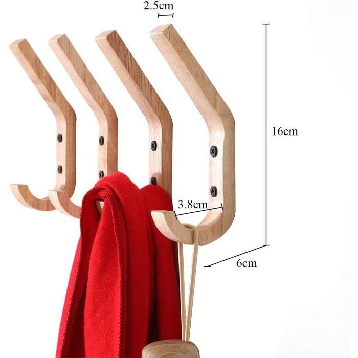 Set of 4 Rubber Wood Wall Hooks – Double Hook Coat Racks 16×6×2.5 Cm, Beige