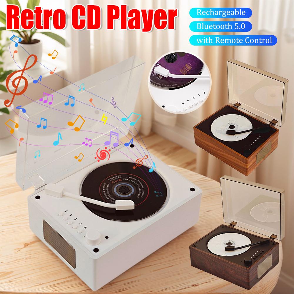Rechargeable Retro CD Player Wireless Bluetooth 5.0 Speaker Home Music Player USB 3.5mm AUX Portable Speaker Desktop CD Player