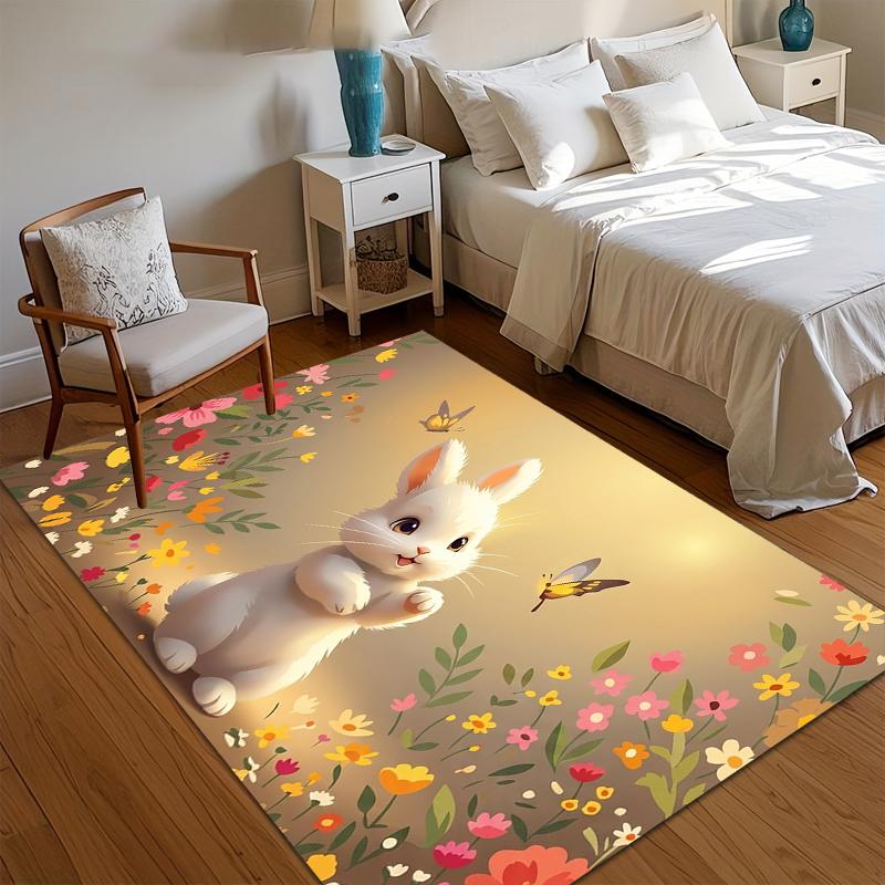 Cute Bunny Floral Area Rug for Living Room Bedroom Playful Kids Nursery Whimsical Home Decor Soft Non Slip Washable Floor Mat
