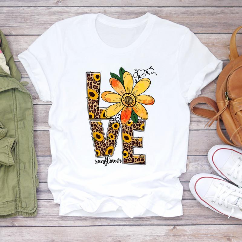 (Asian Size) Lady Female Casual T Shirt Printed Clothing Top Fashion love flower sweet Short Sleeve T-shirts Women Graphic Tee