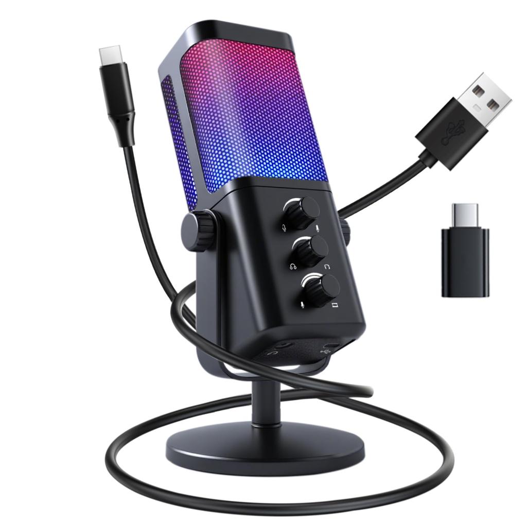 VCOM USB Condenser Microphone Gaming Microphone with Real-Time Monitoring (In-Ear Monitoring), RGB Lighting, One-Touch Mute, Volume Control,