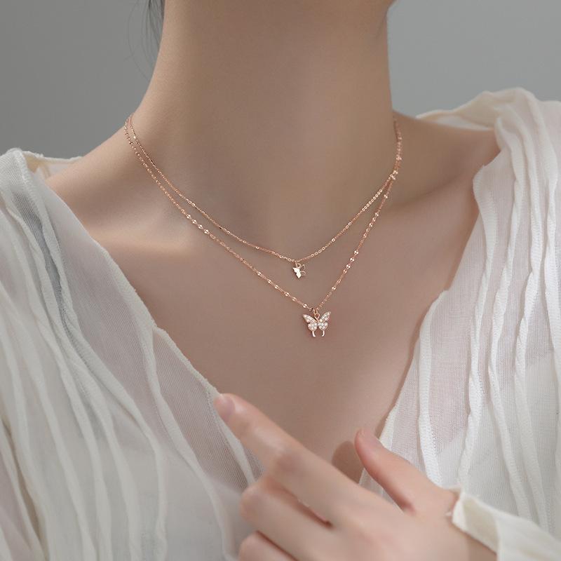 Fashion Shiny Diamond Double Layer Butterfly Necklace Collarbone Chain Charm Necklace Women's Wedding Jewelry Gifts Wholesal