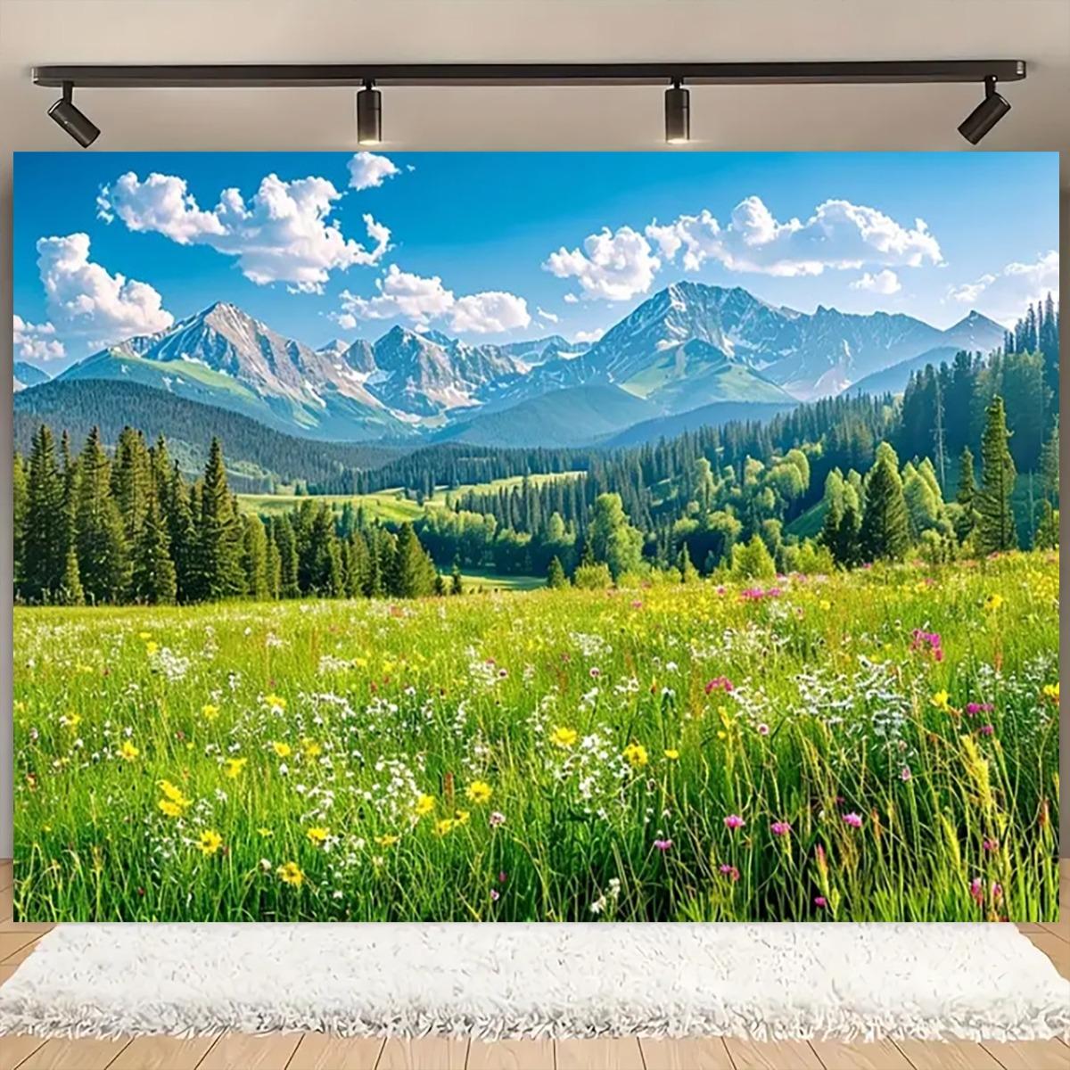One large rollable spring grassland and pine forest backdrop - lush green grass wildflowers mountains - 100x150cm