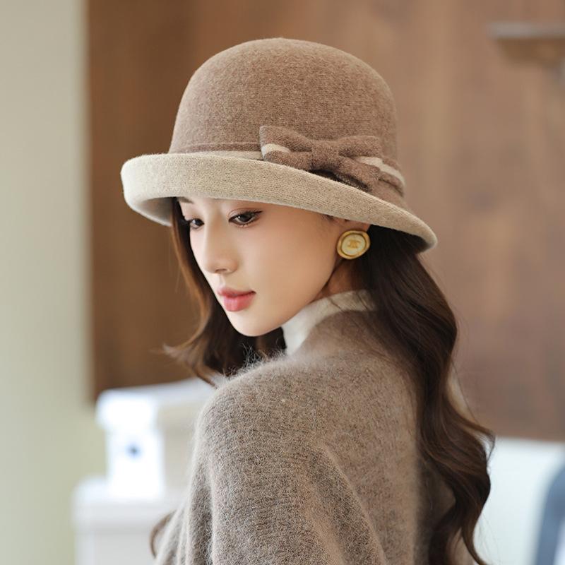 Wool Felt Hat Women's Autumn and Winter Fashion Retro Bow Warped Edge Elegant Celebrity Top Hat Bucket Hat