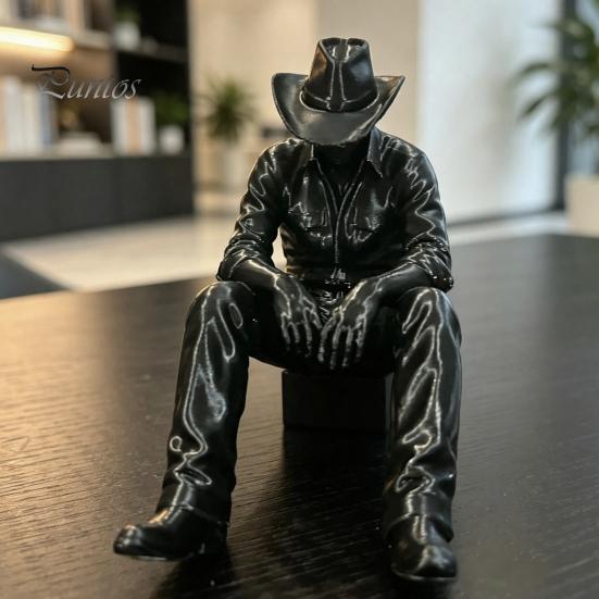 Retro Stijl Bureaubeeldje Westerse Cowboy Bureau Decoratie, 3D Geprint Randhangend met Zwaaiende Benen, Creatieve Verhalende Decoratie Mat Zwart