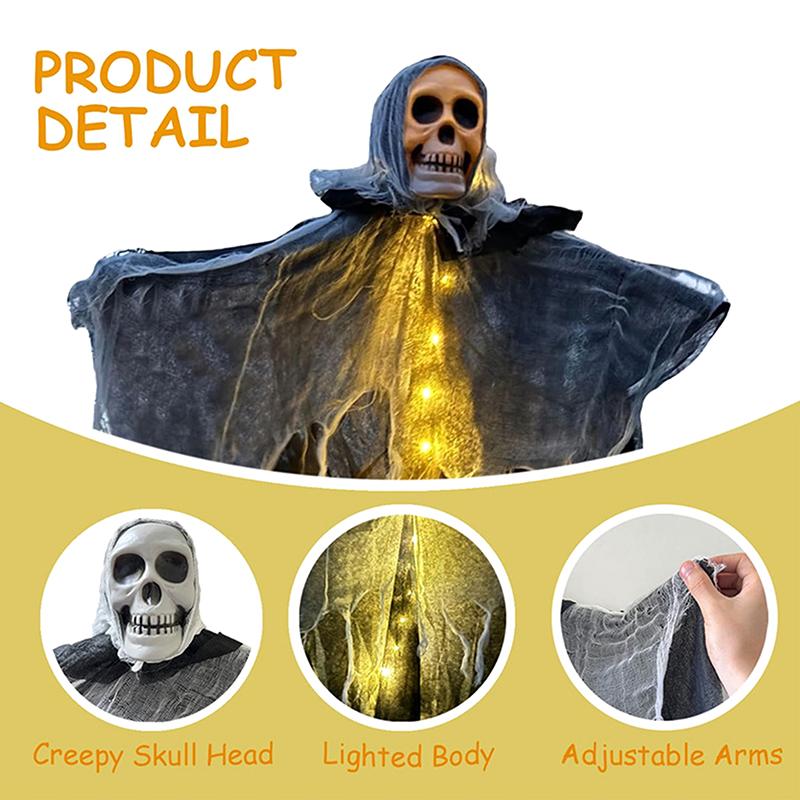 2025 Halloween Glowing Skull Gauze Hanging Ghost Horror Props Haunted House Porch Secret Room Party Pography Decoration