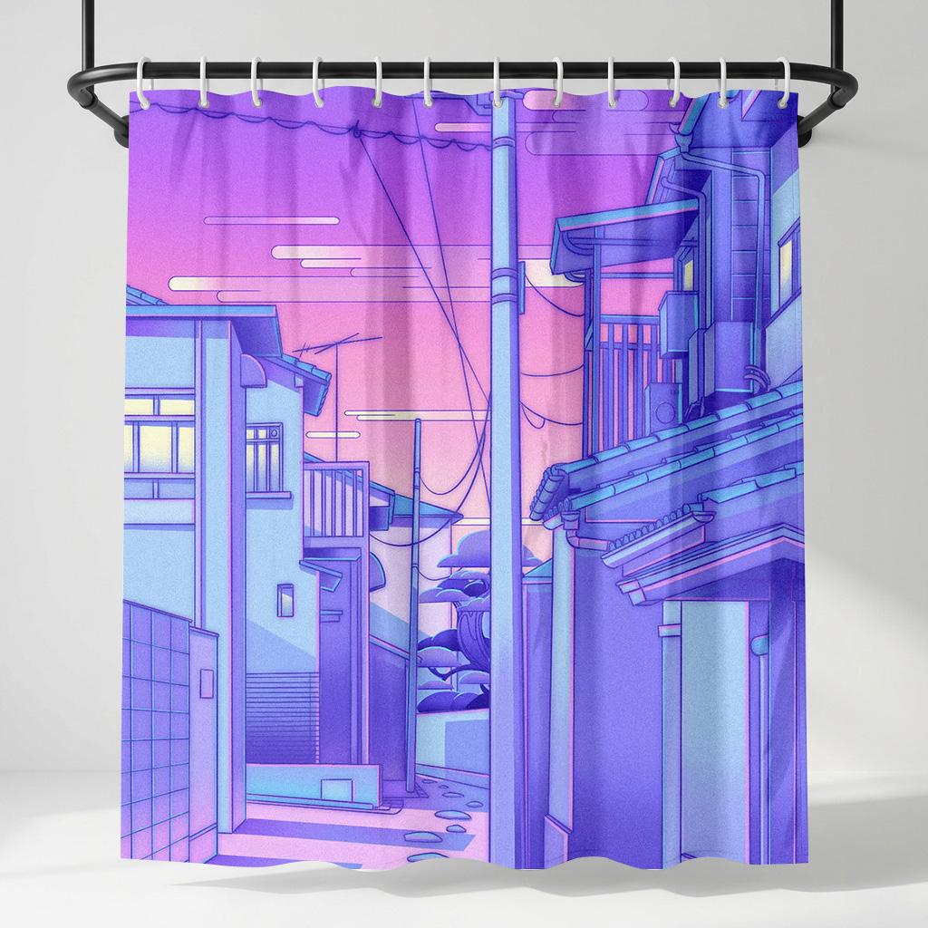 

Japanese Anime Street Shower Curtain - Creative Aesthetic Purple City Art - Indoor Home Bathroom Decor Artistic Bath Curtain W60H190(CM)-1 Pcs