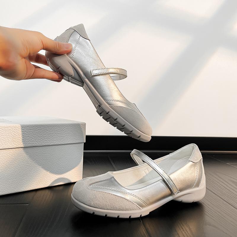 

Cowhide version of silver small square head niche design shallow mouth Mary Jane single shoes women s comfortable casual ballet shoes 39 серебряный