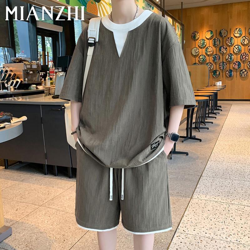

Men s Faux Two-Piece Ice Silk T-Shirt & Shorts Set M