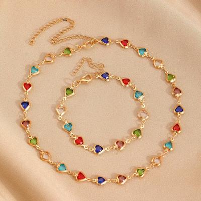 Colorful Heart Bracelet & Necklace Set: European & American Style, Personalized Alloy Heart for Women