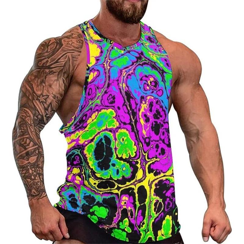 

Summer Round Neck 3D Colorful Psychedelic Pattern Printed Top Fashionable Casual Sleeveless Vest Men s T-shirts XS