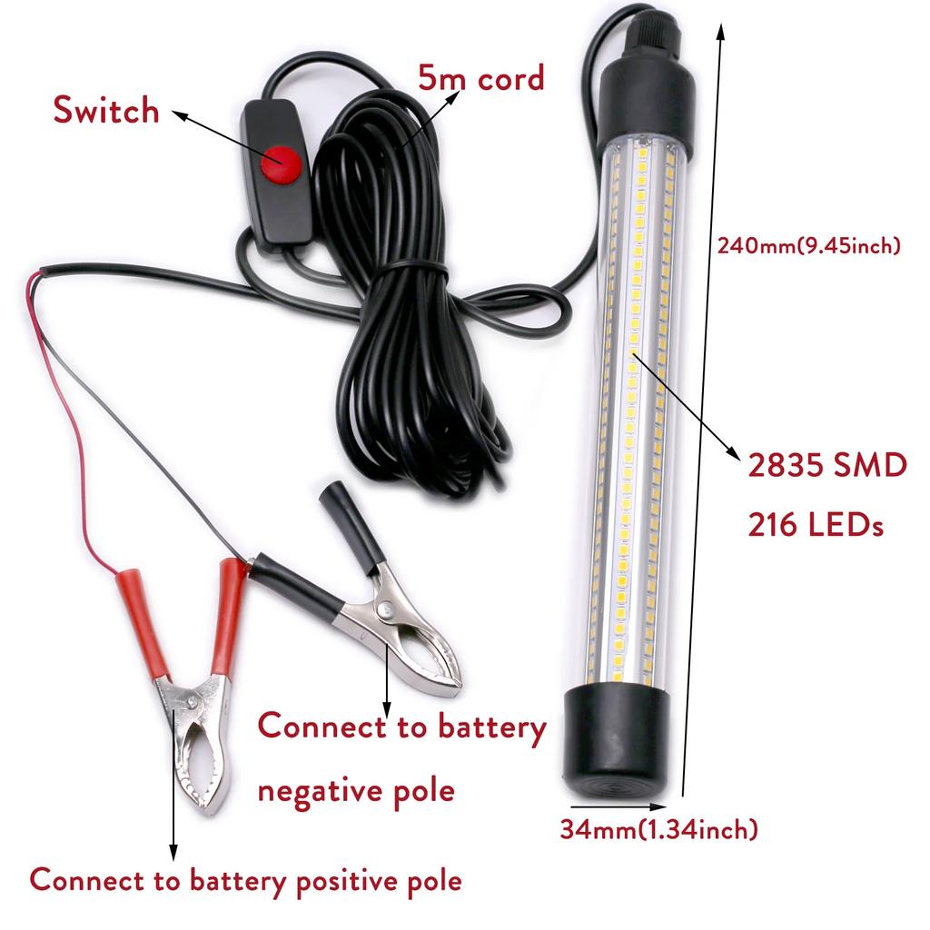 Super Bright 30W Warterproof LED Fishing Light Underwater Fish Lure Bait Lamp Green Blue White Light Fishing Tools DC 12V 24V