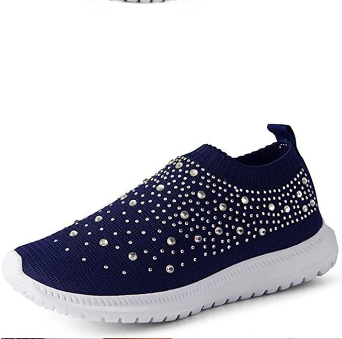 Women's Lightweight Breathable Mesh Elastic Casual Shoes Striped Rainbow Rhinestone Shoes