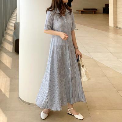 New Short-sleeved Striped Shirt Cotton and Linen Dress for Women Korean Style Loose Large Size Lace-up Waist Linen Long Skirt