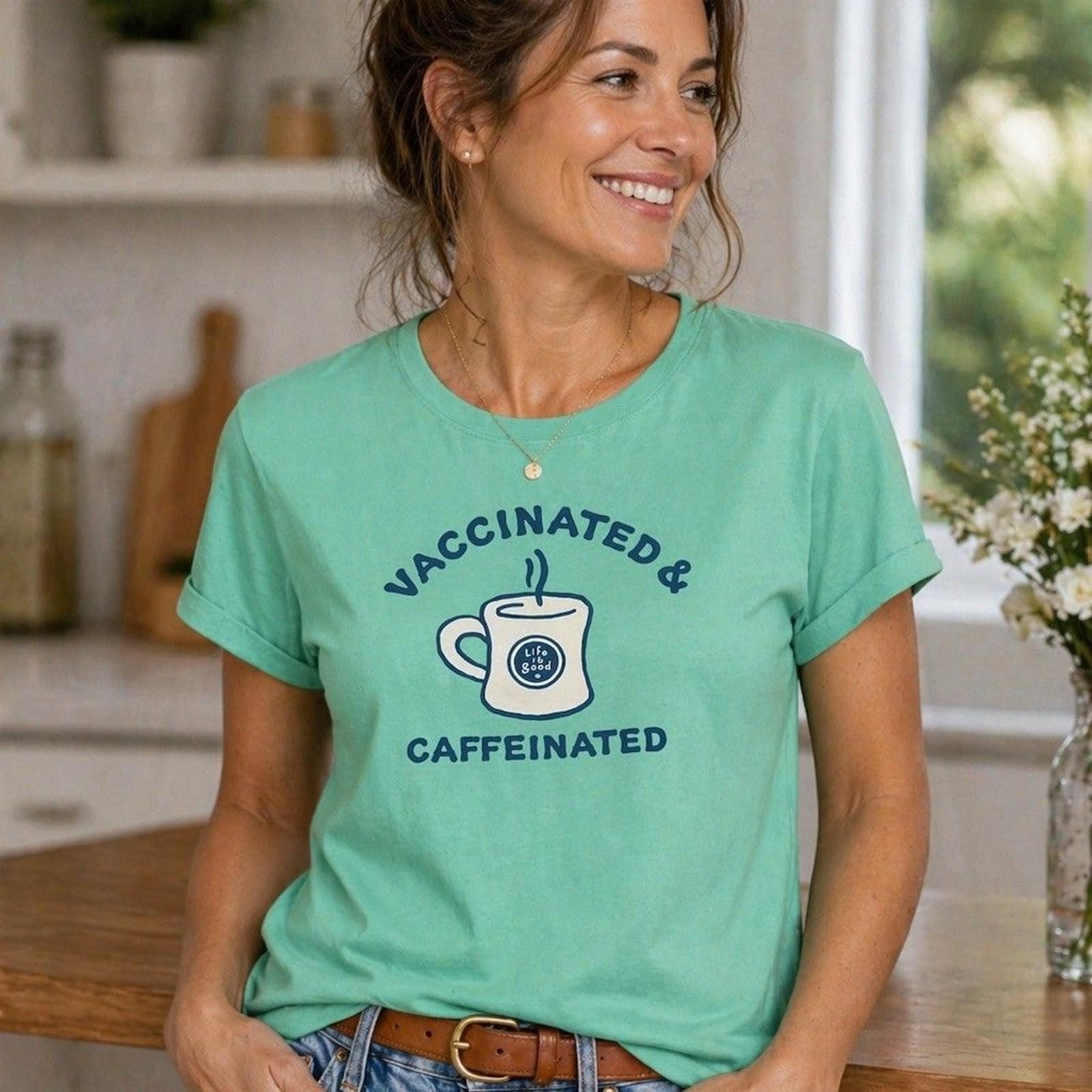 Life Is Good Crusher Tee Unisex Size L Green Vaccinated & Caffeinated Tee 2XL