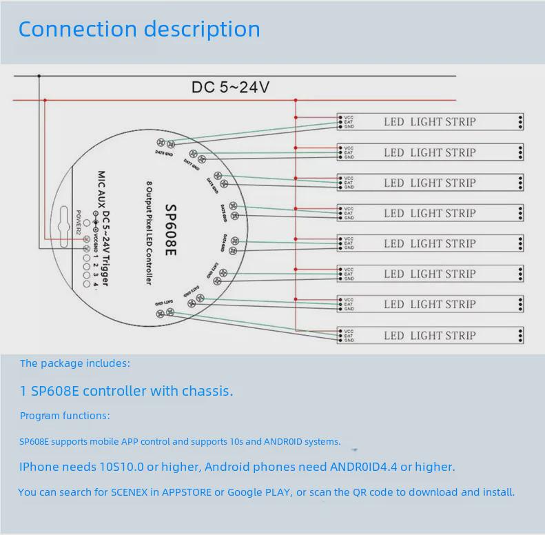 SP608E Mehrfarben-Lichtleisten-Controller: Bluetooth mit 8 unabhängigen Kanälen, kompatibel mit mobiler App, intelligente Fernbedienung.