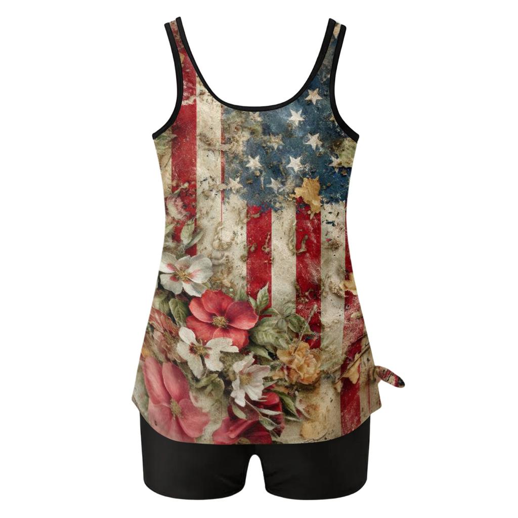 Womens Sleeveless Tankini Top Two Piece Swimwear Set 2026 Summer Fashion Floral Printed Crewneck Causal Tunic Swim Top