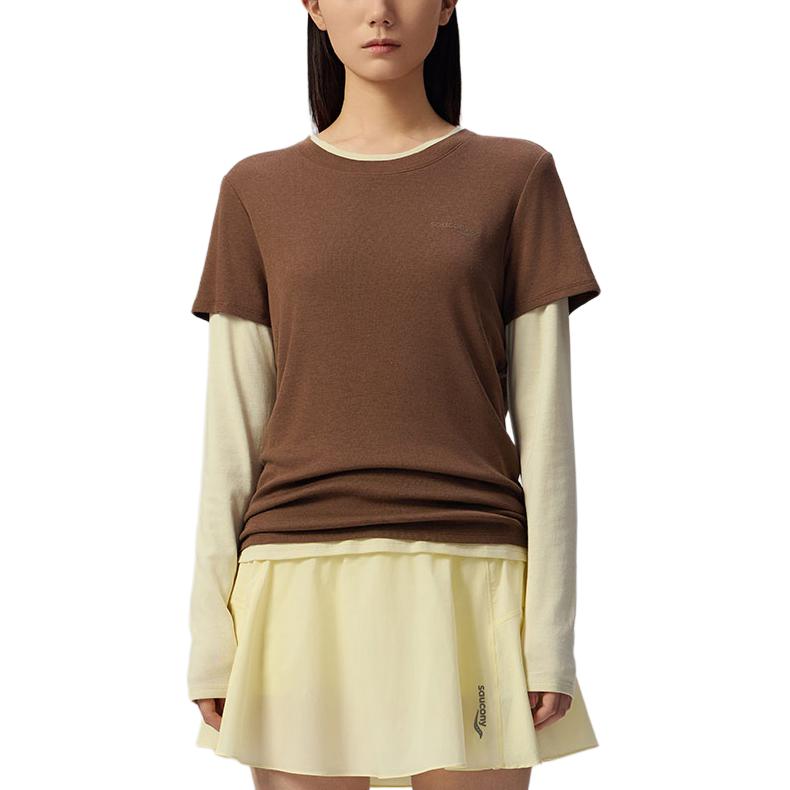 Saucony Sports Lifestyle Series Logo Round Neck Comfortable Long Sleeve T-Shirt Two Piece Set Women tops Brown SA1259LT06L-CO006