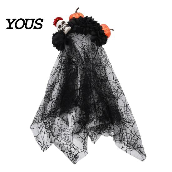 Halloween Party Hair Accessory Pumpkin Skull Floral Headband, Stable Hoop with 3D Artificial Costume Headband Flowers And Spiderweb Black Gauze Gothic