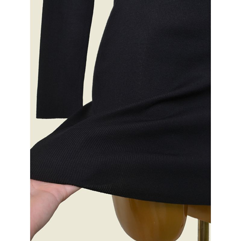 Foreign Trade Original Order Minimalist Black Long Sleeves Bodycon Dress Fashion Wind High Elastic Silm Metal Buckle Knitting Base Dress