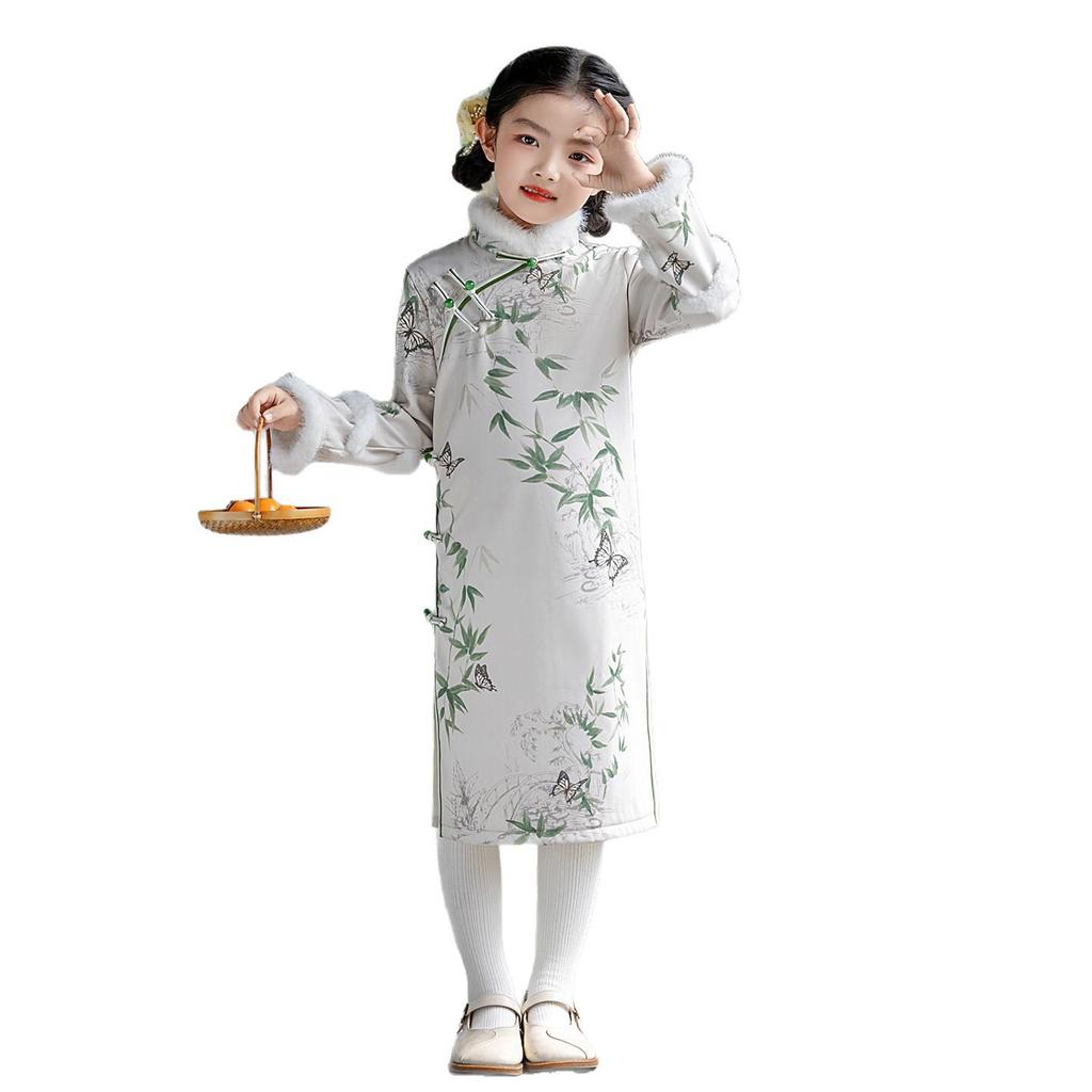 2025 New Girls' Winter Qipao: Long Sleeve Princess Dress for Big Kids - Autumn/Winter Chinese Style