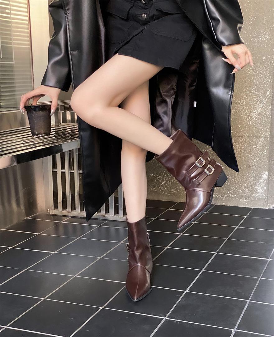 

Модные остроносые ботильоны на толстом каблуке с ремешком и пряжкой женские 2025 осень-зима новые на высоком каблуке темпераментные ботфорты-трубы темпераментная мода 39 коричневый