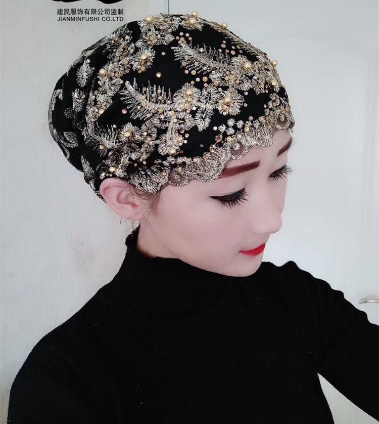 2022 New Design Spring Muslim Gauze Towel New National Style Head Scarf Lady Hat Cap Gold Silk Embroidered Nail Bead Hat