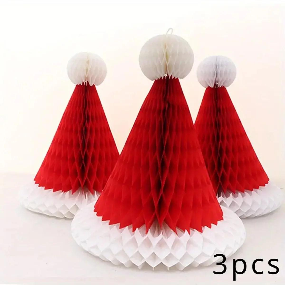 

3 шт. рождественские соты Санта-Клауса шляпы рождественские бумажные шляпы для елочных украшений подвесные украшения 3PCS красный