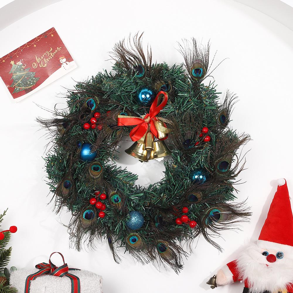 Peacock Feather Christmas Wreath with Bells - Door Hanger & Window Display Decor