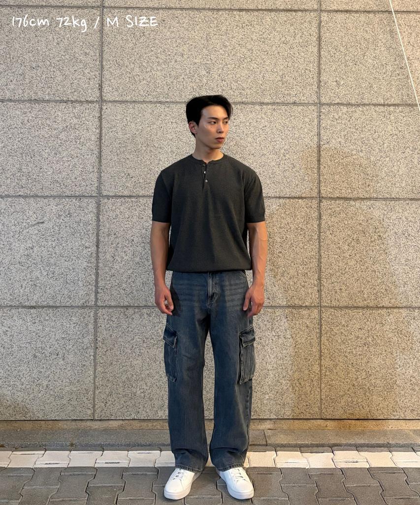 CUZNELLO Cool Cotton Henley Neck Short Sleeve Knit_Charcoal