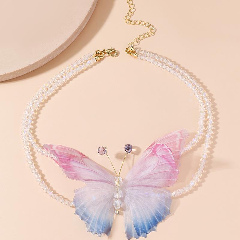 Korean Sweet Collarbone Chain: Pink Butterfly Double Layer Beaded Necklace for Women
