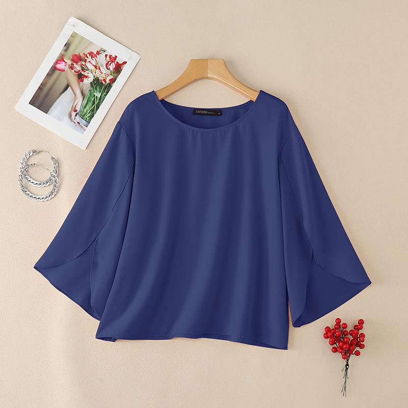 

ZANZEA Женская повседневная однотонная свободная блузка с круглым вырезом и рукавом 3/4 2XL темно-синий