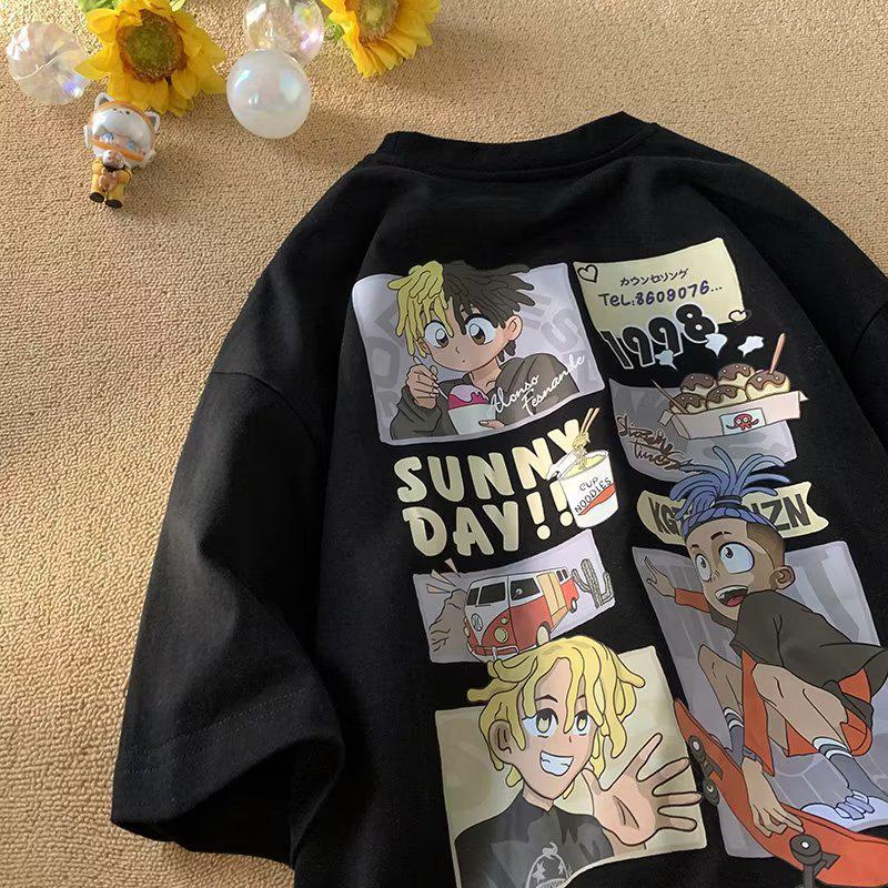 Cartoon Print Oversized Heavyweight Cotton T-Shirt - Summer Loose Fit Short Sleeve