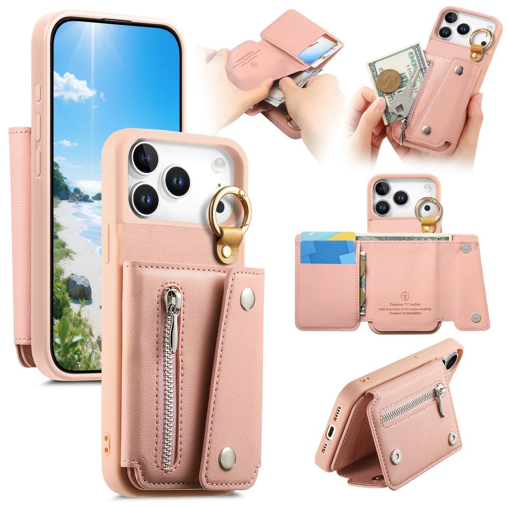 For iPhone 17 Pro Case D-Ring Holder Leather + PC + TPU Phone Cover with Wallet Kickstand