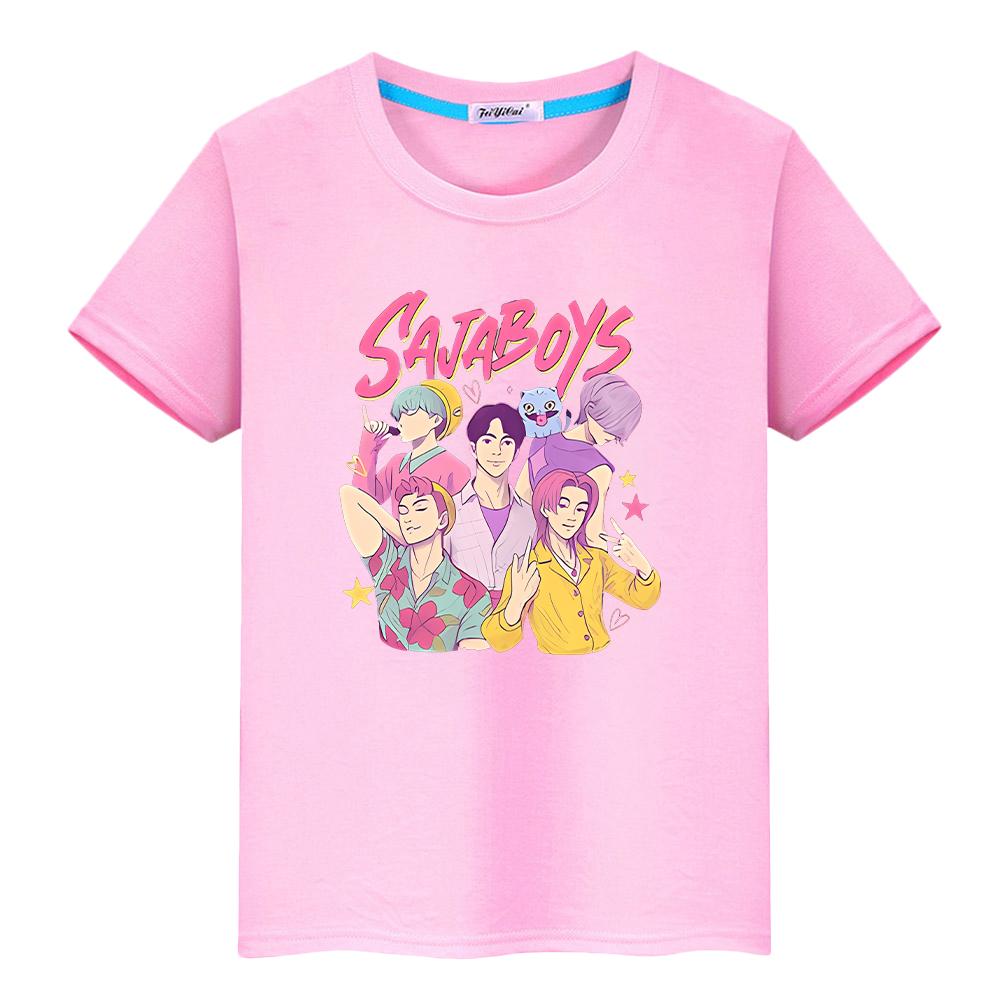 T Shirt for Kids Boy 10year Saja Boys Kpop Demon Hunters Print 100%Cotton Kawaii Tees Cute Tops Anime Short Y2k Girls Clothes