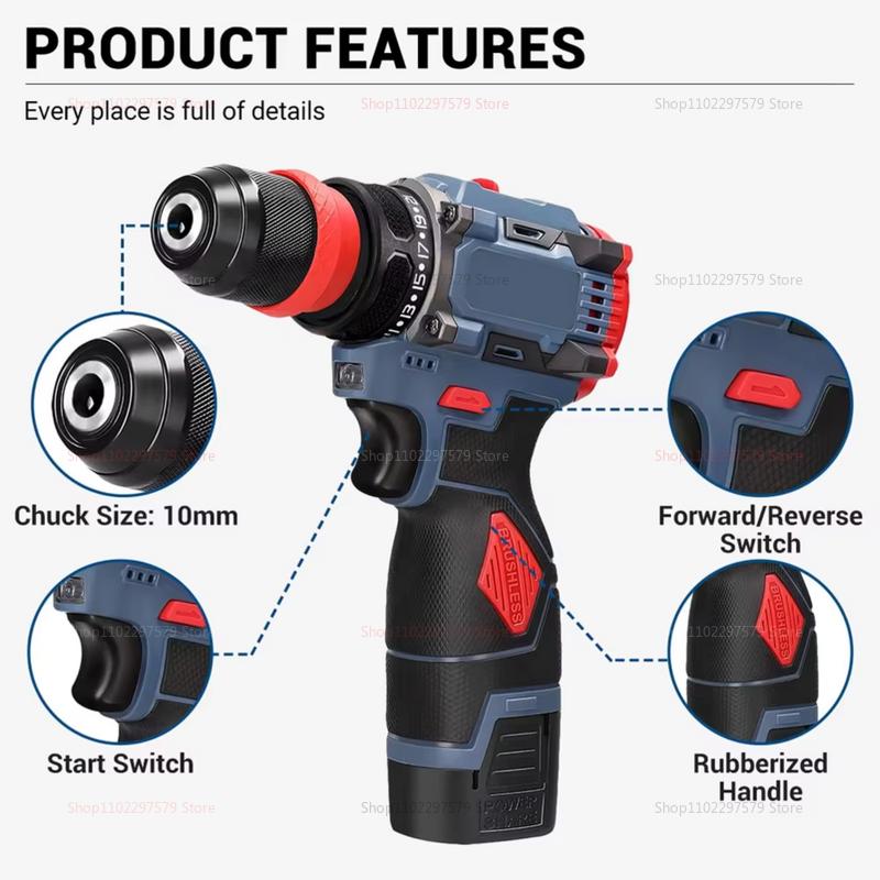 16.8V 2in1 LithiumBrushlessDrill Electric Screwdriver Cordless Power Tool for Home DIY Furniture Installation Automotive Repairs