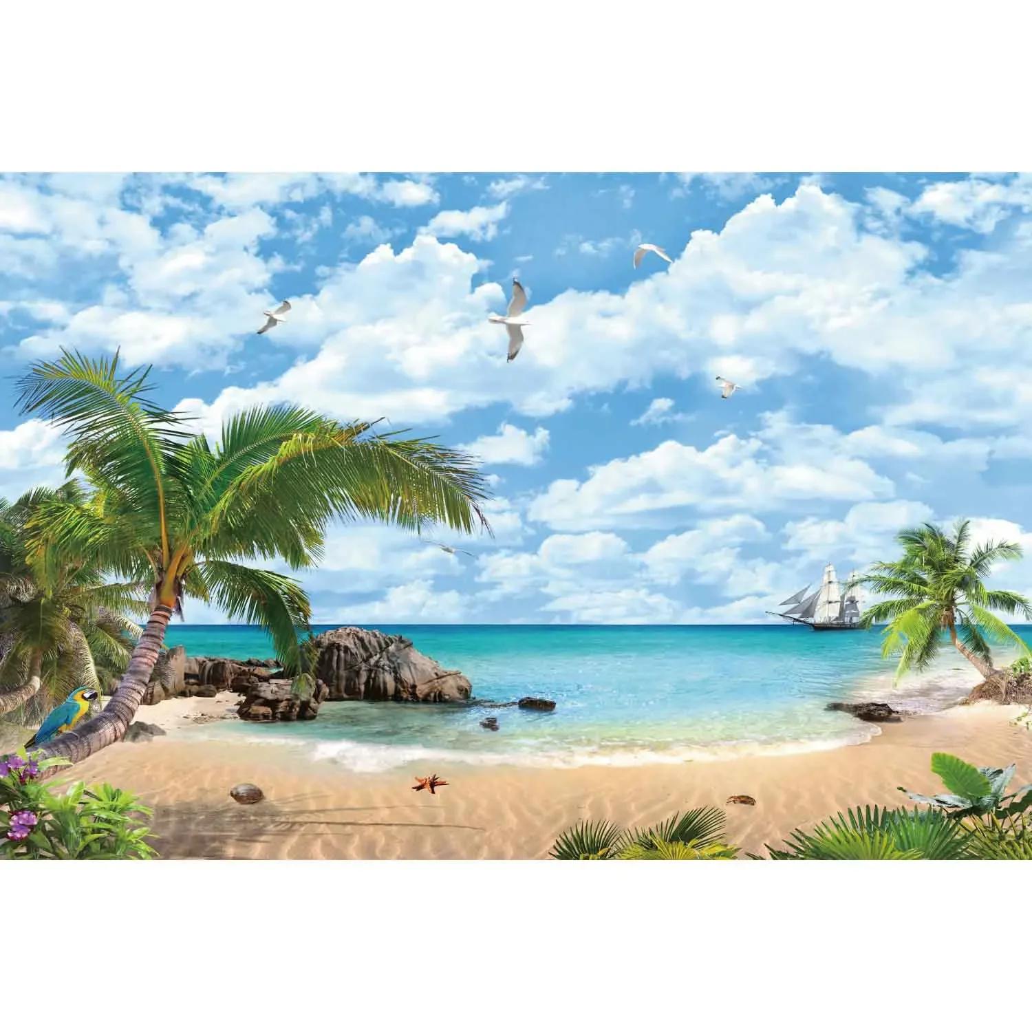 Tropical Summer Beach Backdrop – Blue Ocean, Sunset, Palm Trees & Sand, Perfect for Photobooth & Photozone Props-Tapestry 100x75cm