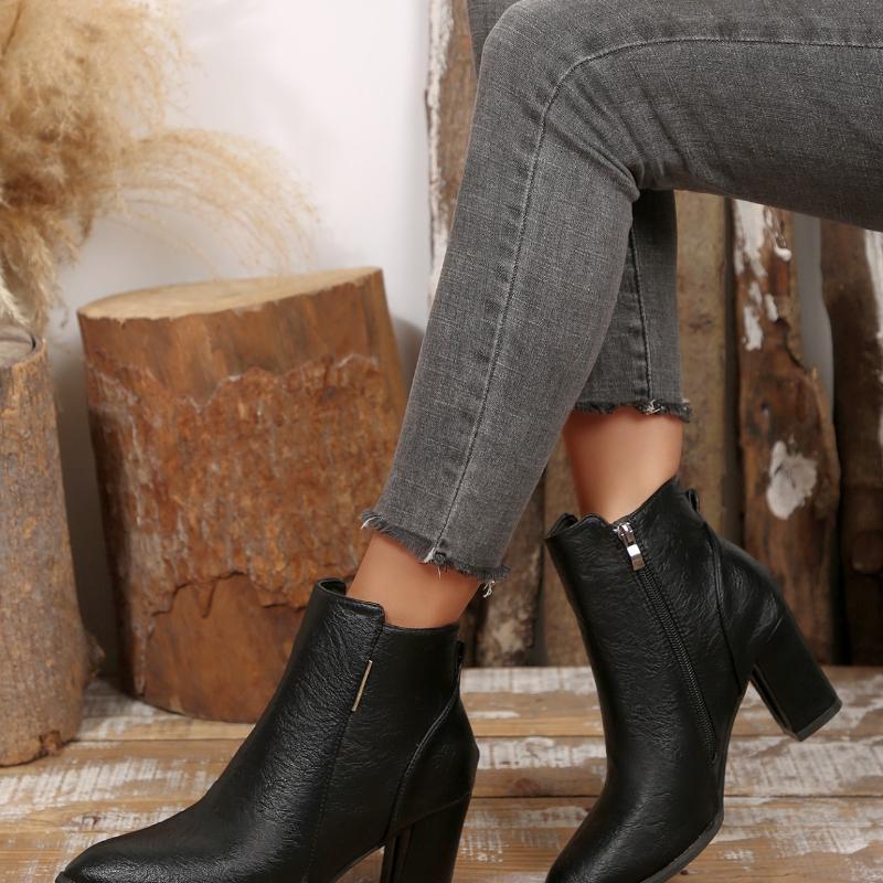 Winter New Women'S Fashion Boots With Side Zipper Short Sleeve Elegant Pointed Coarse Heel Women'S Shoes